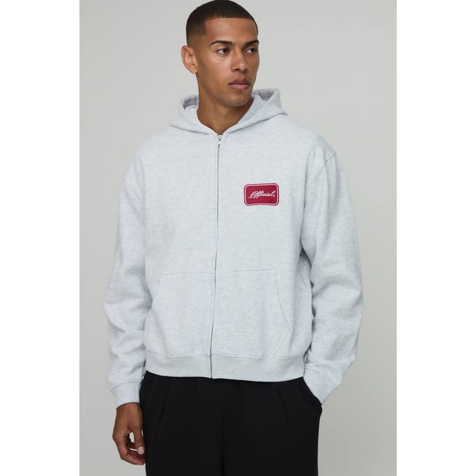 Oversized Boxy Hoodie Met Ritssluiting En Official Borduursel | Grey Marl | Size Medium