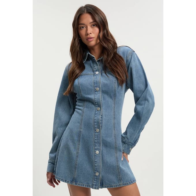 boohoo Dames Long Sleeve Cinched Waist Denim Dress | Medium Blauw | Maat: 42
