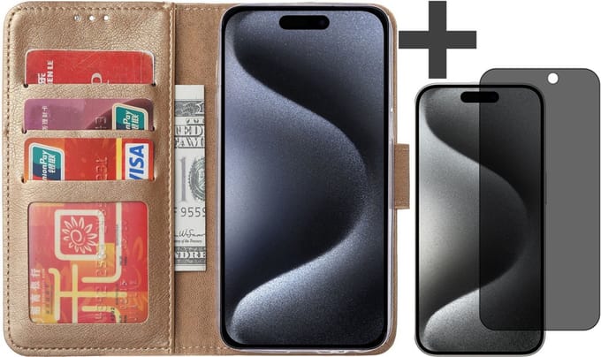 Hoesje met Privacy Screenprotector Geschikt voor iPhone 15 Pro Max – Arara bookcase met pasjeshouder - Goud