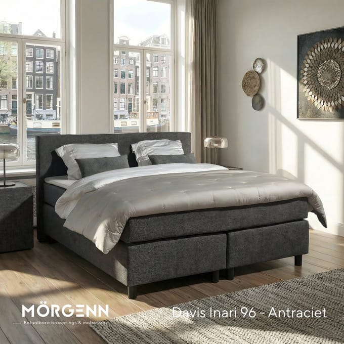 Mörgenn Boxspring Amsterdam - Pocketvering - Antraciet - 100x200 cm - Inclusief Dekbed en Kussens
