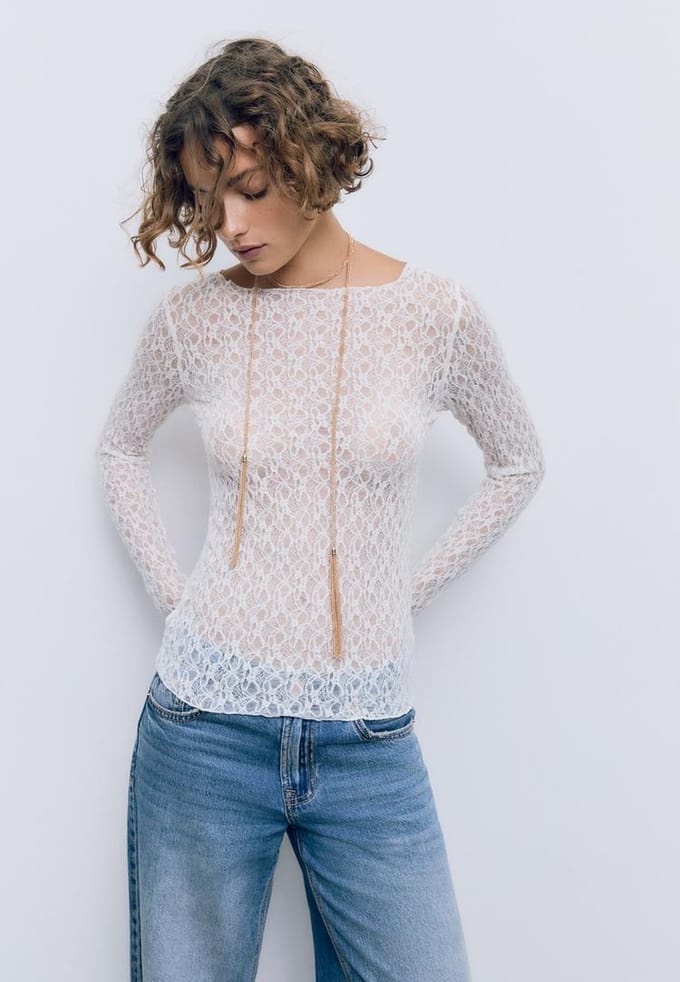 Stradivarius T-shirt van kant met lange mouwen  Ecru L