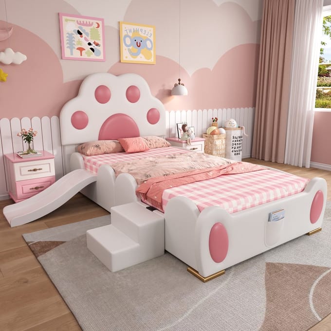 Sweiko Kinderbed - 90x200 cm - Kattenpootvorm - Met glijbaan - PU - Wit + Roze