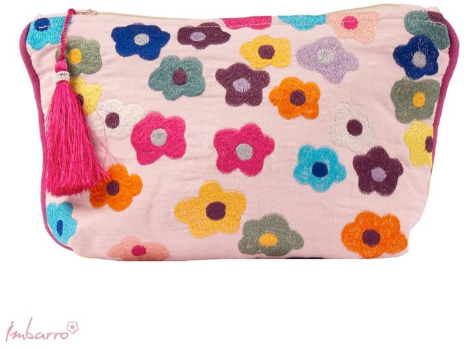 Imbarro Bloom Pouch – Make-up Tas – Geborduurd Katoen – 20 x 28 cm – Ecru / Multi – Cosmetica Etui