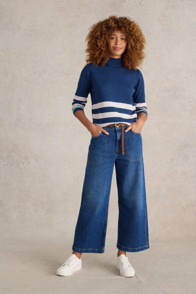 White Stuff Roll Neck Merino Jumper Blue Multi Maat: 6 | Sweaters Outlet | Dames | Blauw