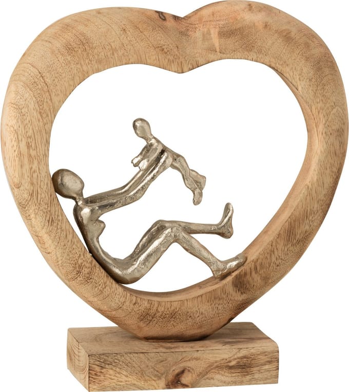J-Line decoratie Figuur Ouder Met Kind Hart - hout/aluminium - naturel/zilver