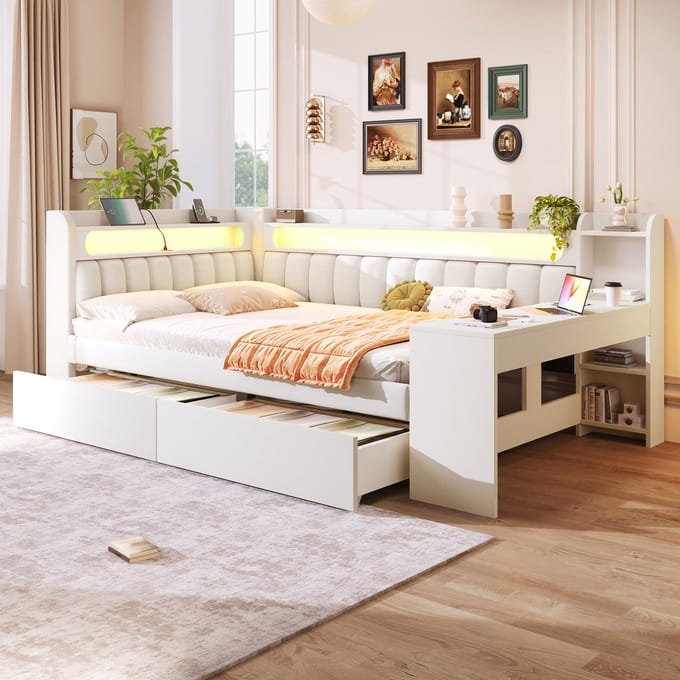MODFU Bedframe 140x200 cm – 242,5x152,5x93,5 cm – Gestoffeerd met bureau, 2 laden, USB en LED – Wit
