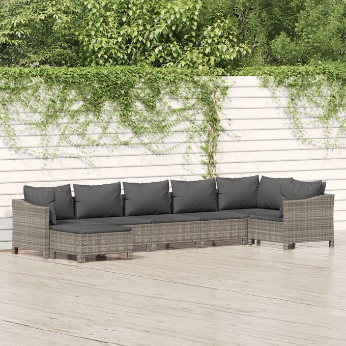 vidaXL - 7-delige - Loungeset - met - kussens - poly - rattan - grijs