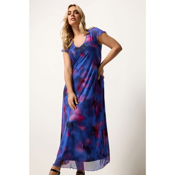 Yours Kobaltblauwe Mesh Maxijurk Met Bloemenprint Size 42
