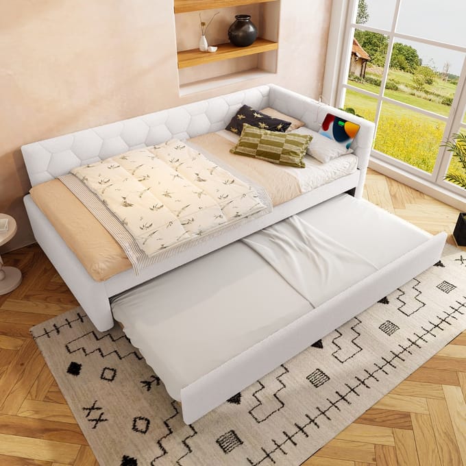 MODFU Bedframe 90x200 cm – fluweel wit – met uitschuifbed, USB/Type-C en nachtlampje – multifunctioneel dagbed