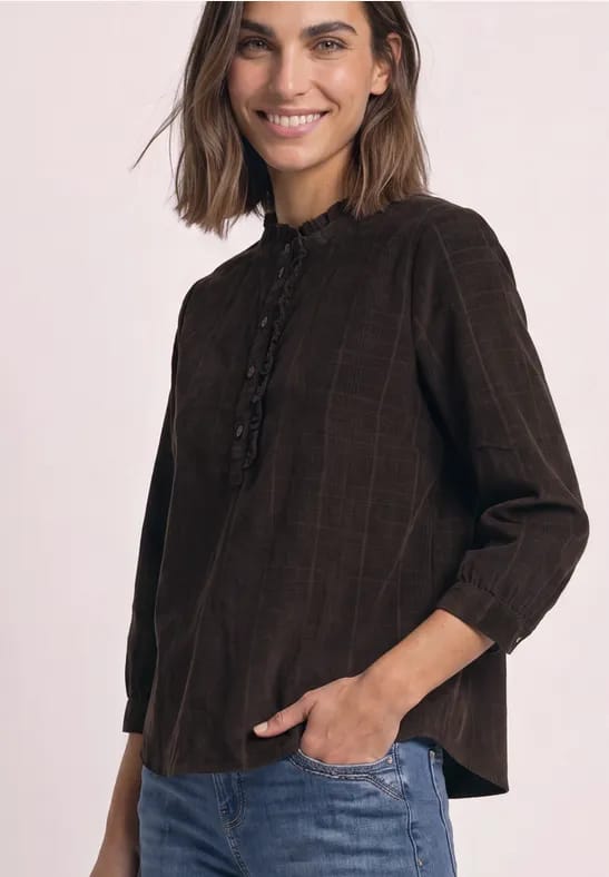 Corduroyblouse met lange mouwen en ruches