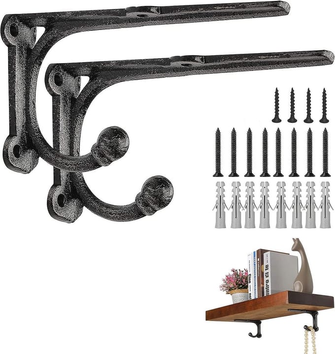 Zware Rustieke Plankbeugels Zwart met Haak, 15 x 8,5 cm Set van 2