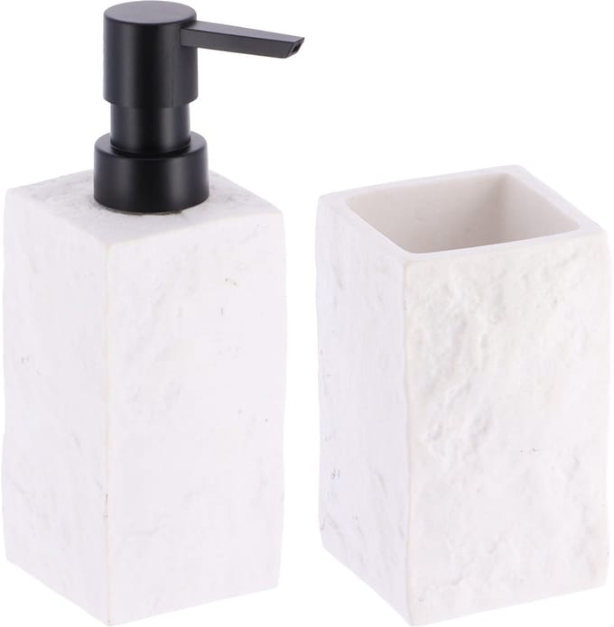 Badkamer set - zeeppomp/tandenborstelbeker - wit - kunststeen - polyresin