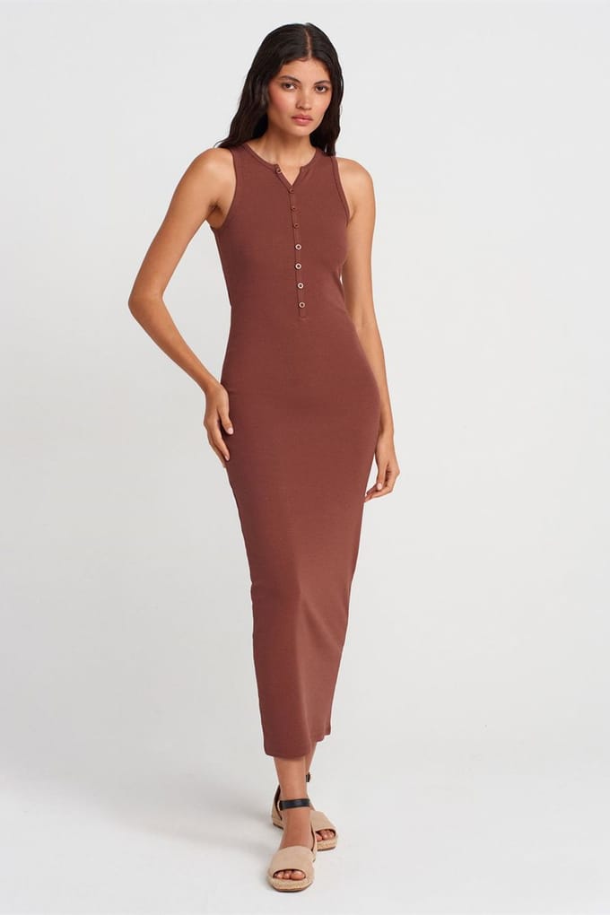 Geribbelde Katoenmix Mouwloze Maxi-jurk