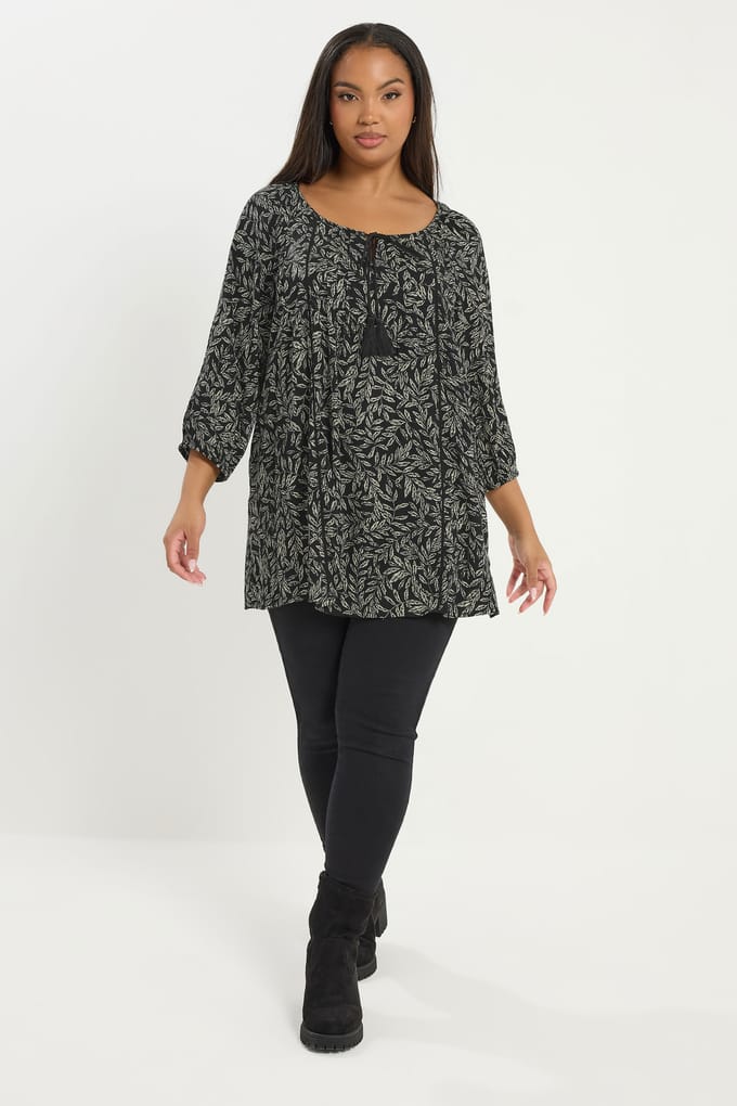 Yours Zwarte Top Met Bladprint En Strik Aan De Hals Size 46