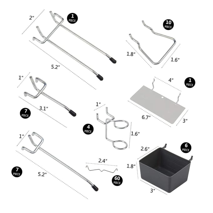 Kit d'assortiment de crochets pour panneau perforé en métal, Kit d'assortiment de serrures à chevilles, Applications suspendues 114Pcs