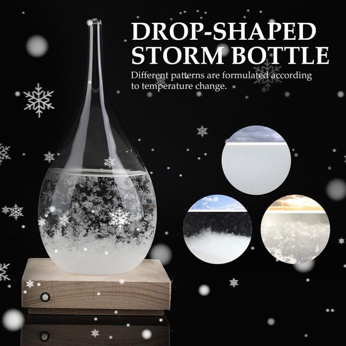 Station météo de bureau Storm Glass en forme de goutte avec base en bois à LED (M) white