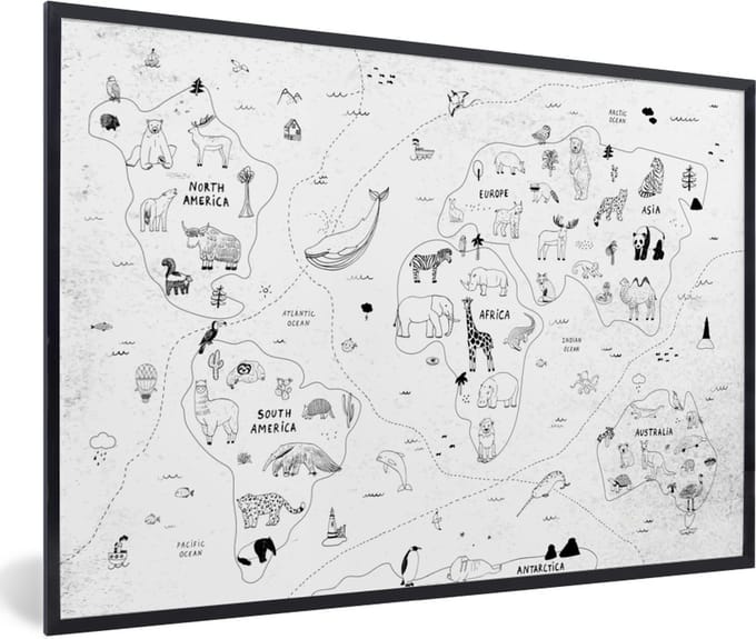 Wereldkaart - Kinderen - Wit - Zwart - Schoolplaat - Kinderkamer - 90x60 cm