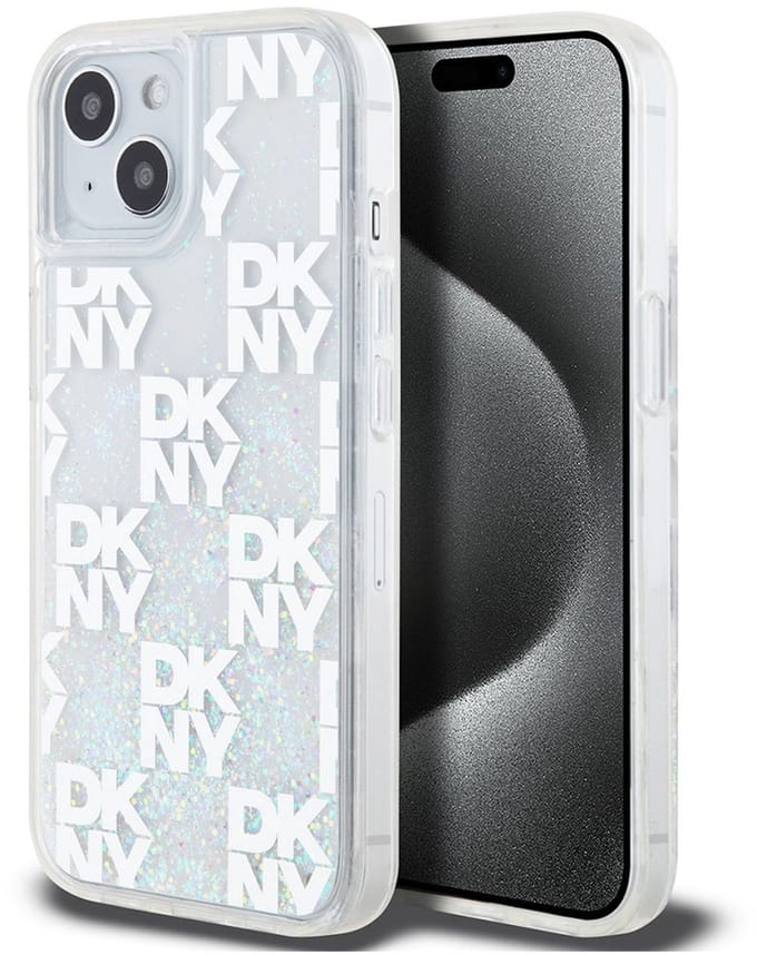 DKNY Liquid Glitter Checkered Pattern Back Case - Geschikt voor Apple iPhone 15 (6.1") - Wit