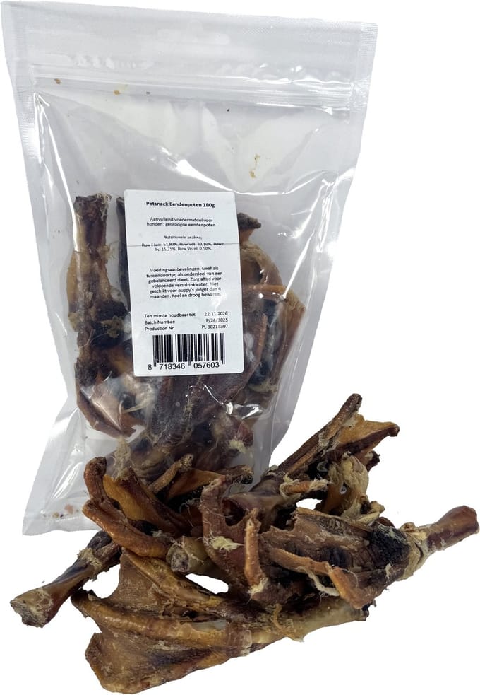 Eendenpoten 180gr - PETSNACK - Luchtgedroogde Natuurlijke Honden Snack - 100% Eend