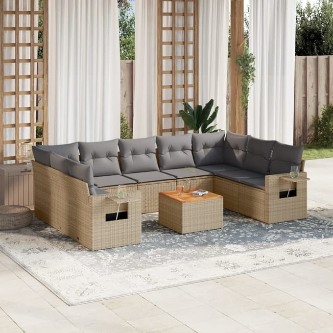 vidaXL - 10-delige - Loungeset - met - kussens - poly - rattan - beige