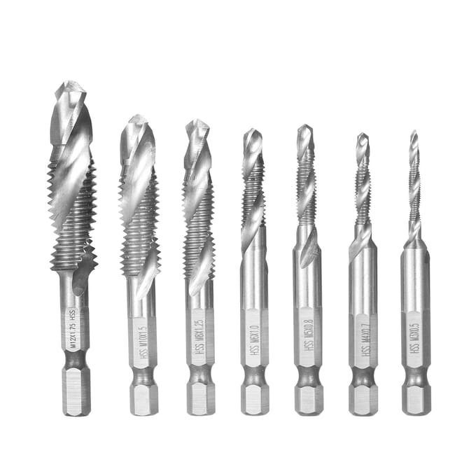 7-delige combinatieboor- en tapset Metrische draad HSS M3-M12 Schroeftapbit Tool Quick Change zilver
