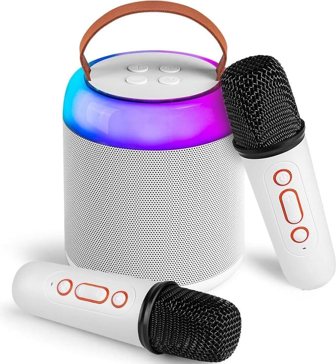 Draagbare mini-bluetooth-luidspreker karaoke-machine met 2 draadloze microfoons voor kinderen - draagbare bluetooth-luidspreker karaoke-installatie met muziekbox - 2 draadloze microfoons en ledverlichting