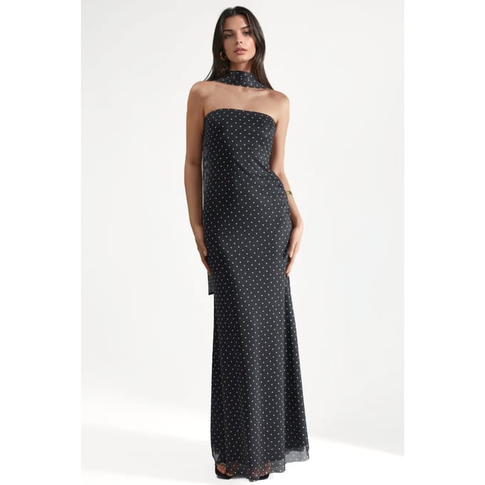 Polkadot Strapless Maxi Jurk met Sjaal Detail