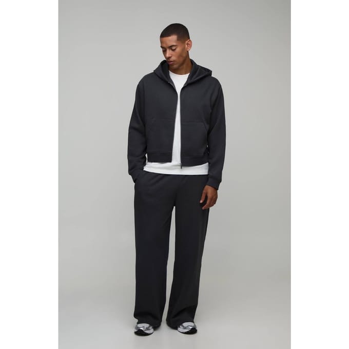 Oversized Gekrompen Zip-through Hoodie En Wijde Pijp Joggingbroek | Charcoal | Size Medium