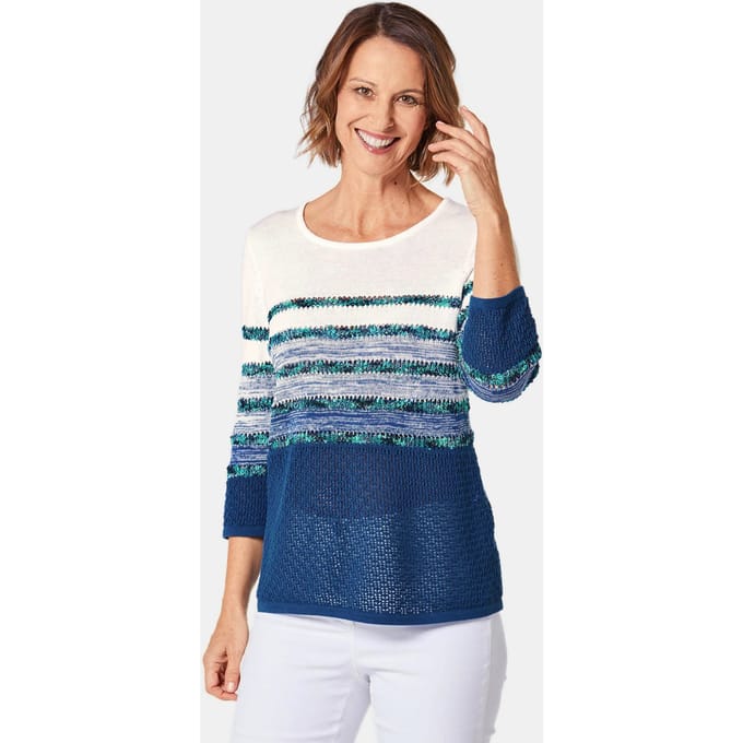 Lichte pullover met mooi streepdessin - koningsblauw / gedess. - Gr. 48 van Goldner Fashion