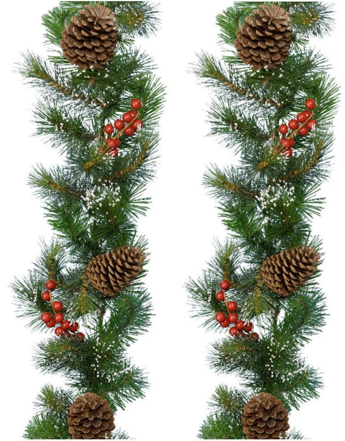 Decoris Guirlande - Set van 2x stuks - kerstslinger - groen - nepsneeuw en deco - 270 cm