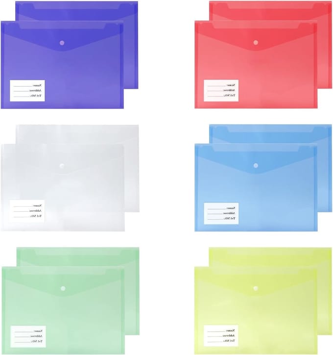Documentenopbergers A4 - Transparante Plastic Tas met Labels - Herbruikbare Documentenmap voor School, Kantoor en Thuis - Set van 12 Stuks