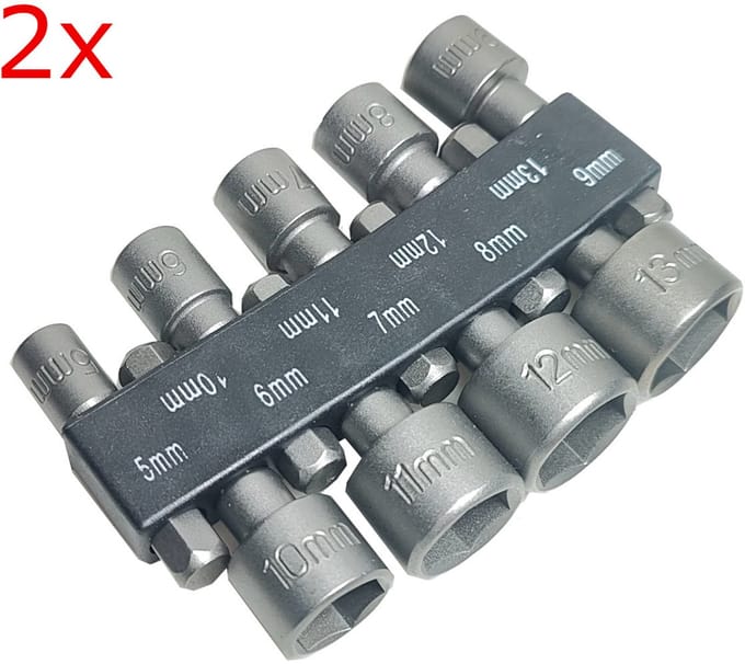 2x Bitdopset 9 delig dopsleutel dop bit set kort 5 - 13mm