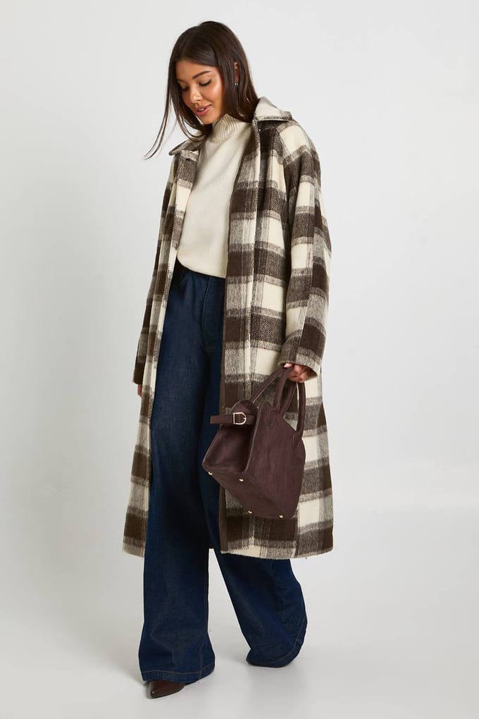 boohoo Dames Oversized geruite wollen look coat | Brown | Maat: 8