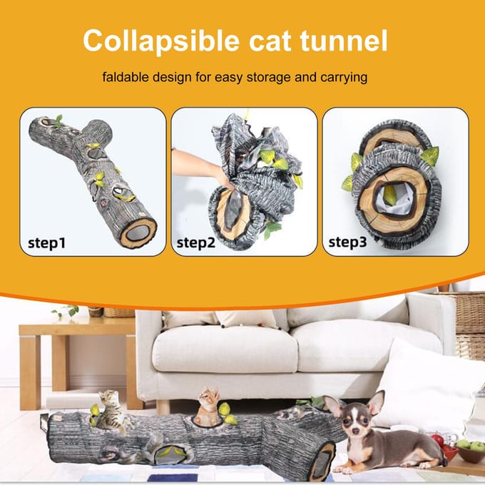 Kattentunnel voor binnenkatten Interactieve boomstam Kat Opvouwbaar en gemakkelijk op te bergen Kattentunnelspullen gray