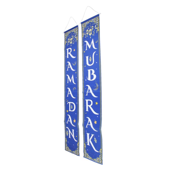 2 stuks Eid Mubarak veranda bord waterdicht blauwe achtergrond 100D polyester Ramadan Mubarak hangend blue