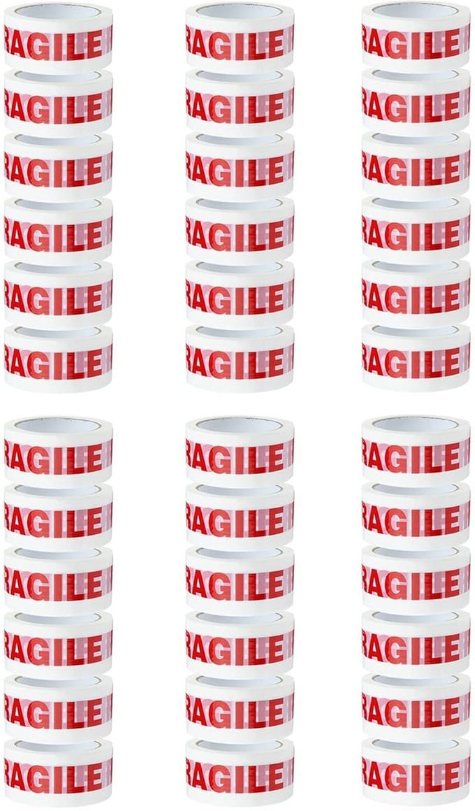 Breekbare verpakkingstape met fragile tekst, 66x50 mm, 36 rollen per doos