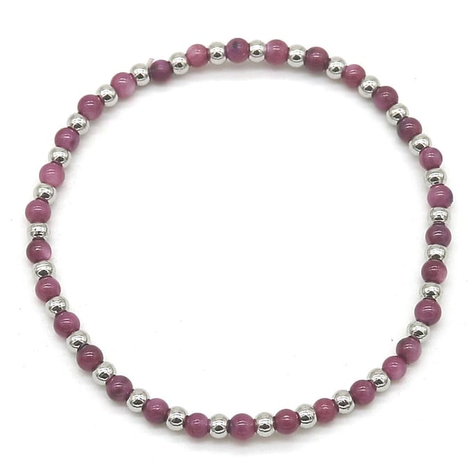 Armband Dames - Elastisch - Zilverkleurige Kralen RVS - Paarse Steentjes