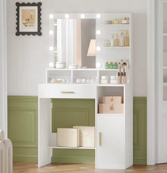 JHA make-up tafel, HD-spiegel,LED verlichting, instelbare met 3 planken en 4 open vakken, wit