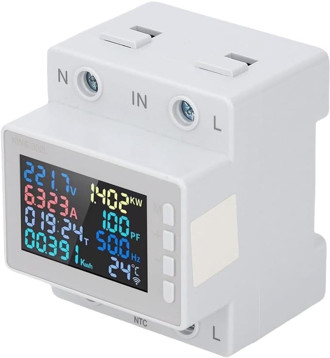 Energiemeter - Voltmeter Ampèremeter - Energie Verbruik Meten - LCD HD Kleurenscherm - 63A - Grijs