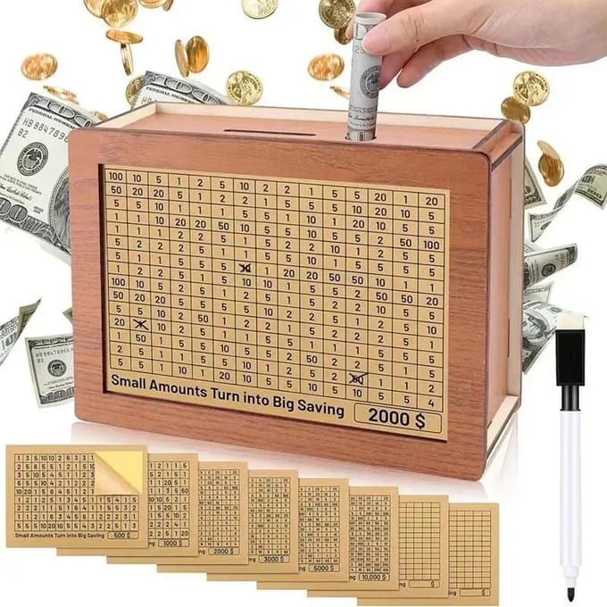 Spaarpot Sparen Geldbox Retro Herbruikbare Houten Doos Spaaruitdaging Doos met Geld Doelnummers Kerstdecoratie Cadeaus beige