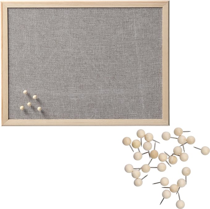 Prikbord incl. 30x punaises - 30 x 40 cm - lichtgrijs - textiel - hout