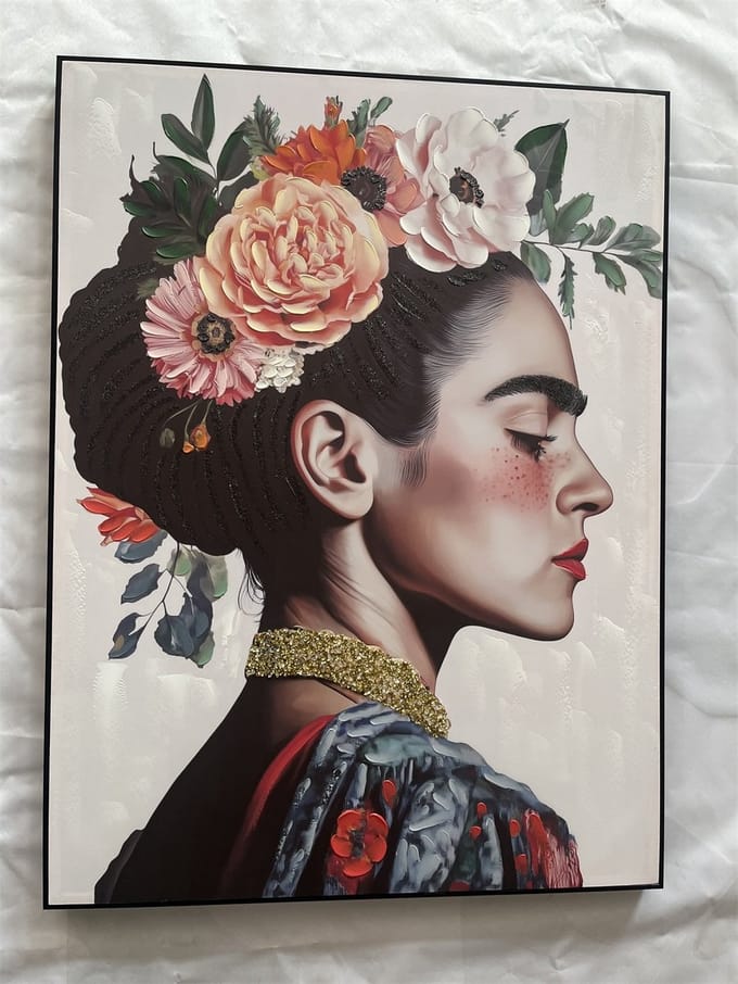 Schilderij vrouw bloemenkrans 80x120cm
