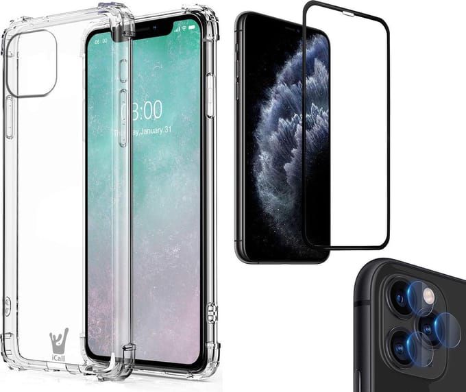 Hoesje geschikt voor iPhone 11 Pro Max - Screenprotector FullGuard & Camera Lens Screen Protector - Back Cover Case ShockGuard Transparant