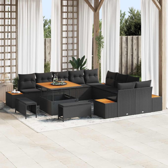 vidaXL - Tuinbank - Set - 13 - st - 12-zits - Zwart - Poly - rattan