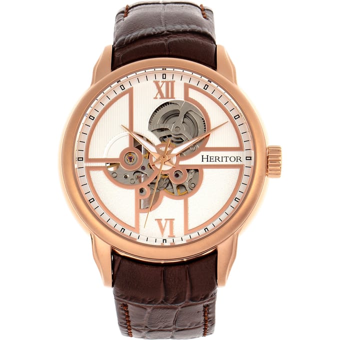 Heritor Automatic Sanford Semi-Skelet leren band horloge - Roségoud/bruin