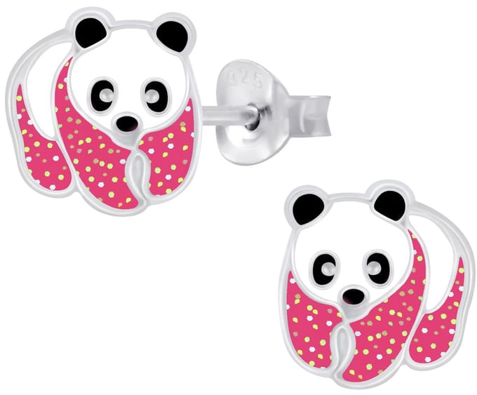Joy|S - Zilveren Panda oorbellen - glitter roze