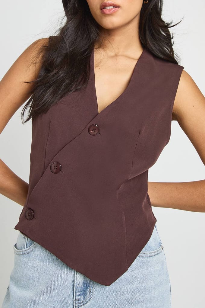 boohoo Dames Asymmetrisch verstelbare rugvest | Chocoladebruin | Maat: 36