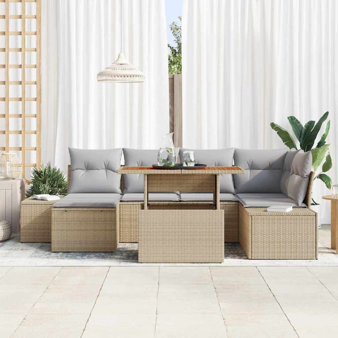 vidaXL Tuin Eettafel Set met kussen 7 pcs Beige en Grijs