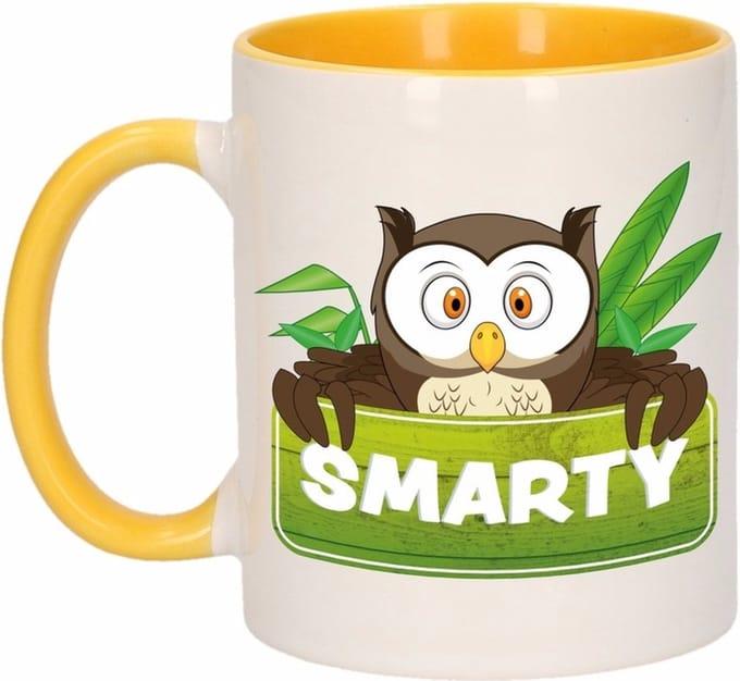 Smarty mok - geel/wit - keramiek - 300 ml - kinder beker uil
