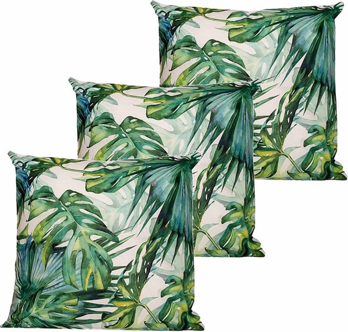 Anna's collection buitenkussen monstera - 3x - wit/groen - 60 x 60 cm - Water en UV bestendig